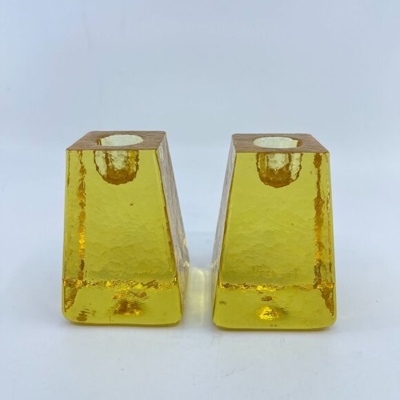 fire and light cast glass candle holders set of 2 citrus yellow signed - Picture 2 of 8